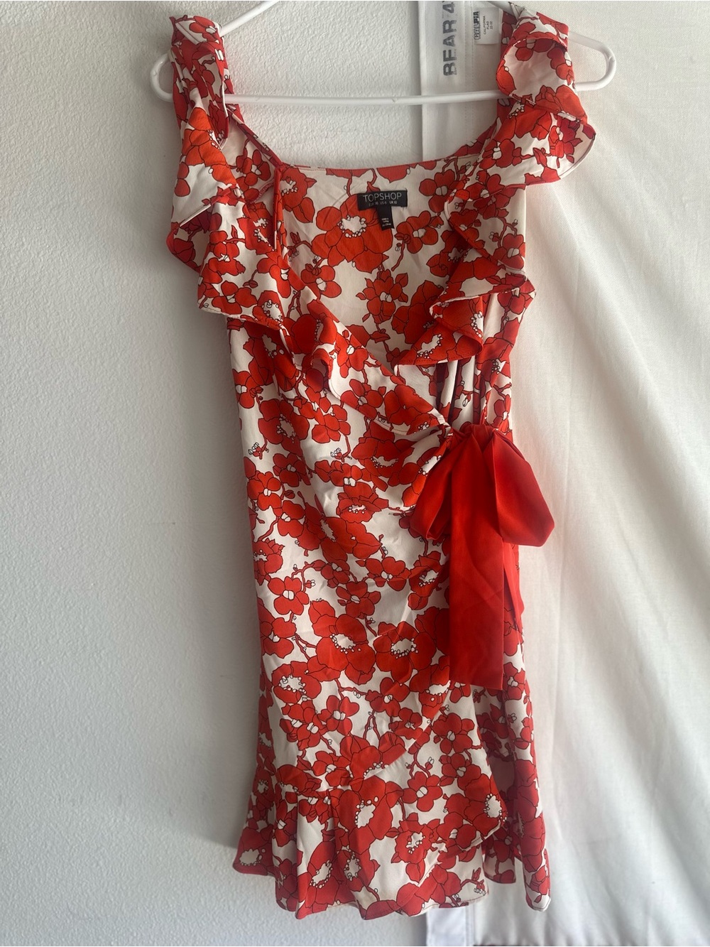 Topshop White Midi Dress with Red Floral Print and Tie